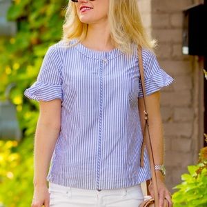 NWT Blue Pink Striped Banana Republic Blouse Top Flutter Bell Ruffle Sleeves